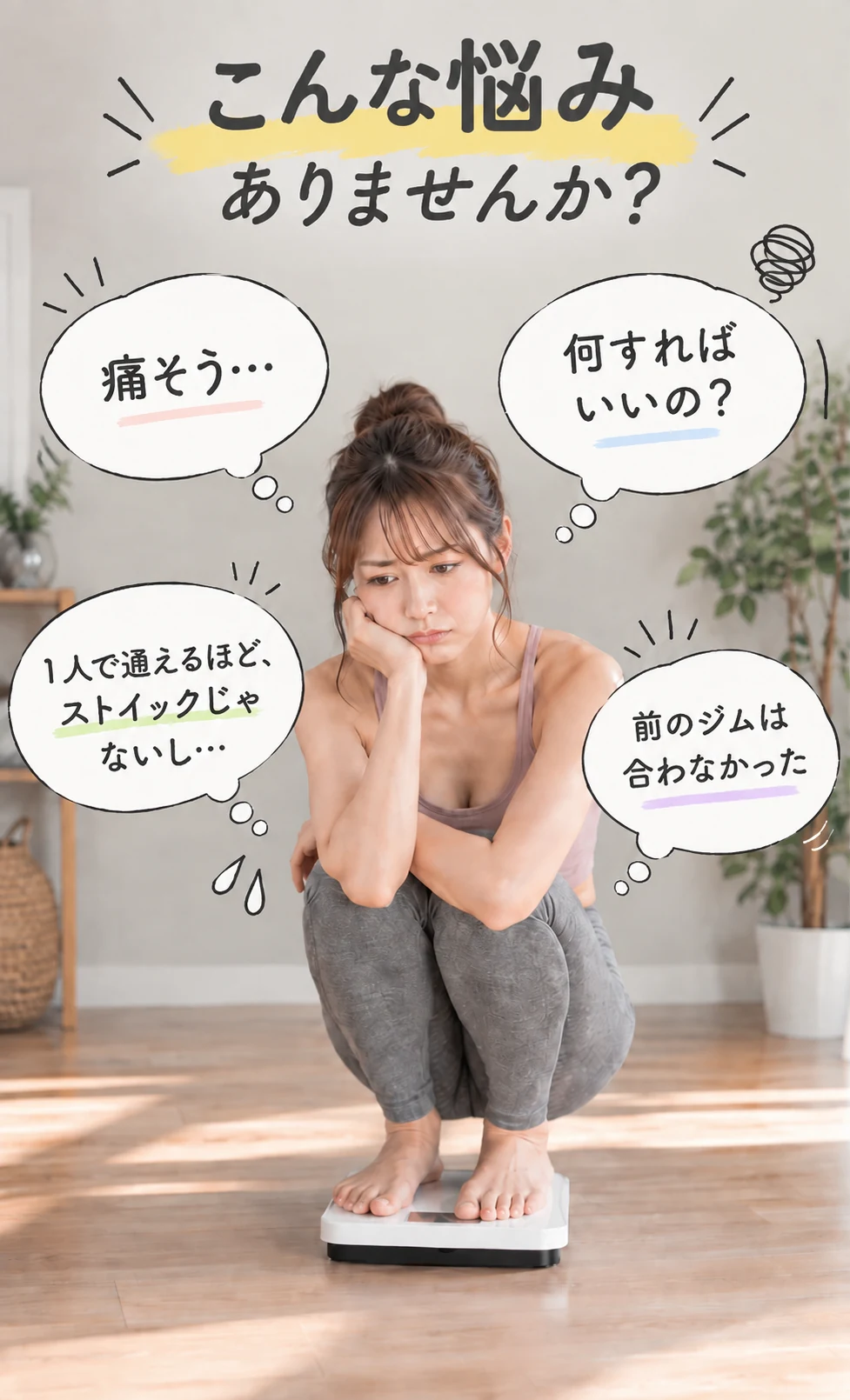 よくある運動の悩みと、体重計の上で悩む女性
